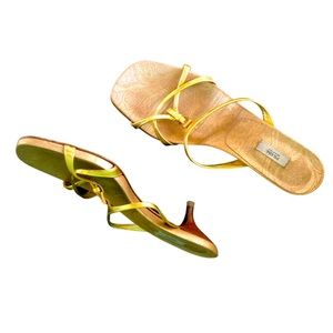 Prada Calzature Donna Silk Paisley Lame Gold Kitten Heeled Sandals
